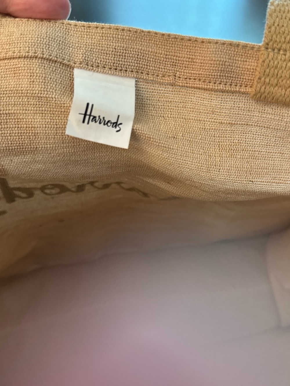 HARRODS NWT jute reusable tote bag with green logo on both sides. - Picture 6 of 6